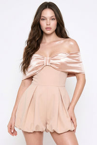 Satin Large Bow Front Off The Shoulder Romper