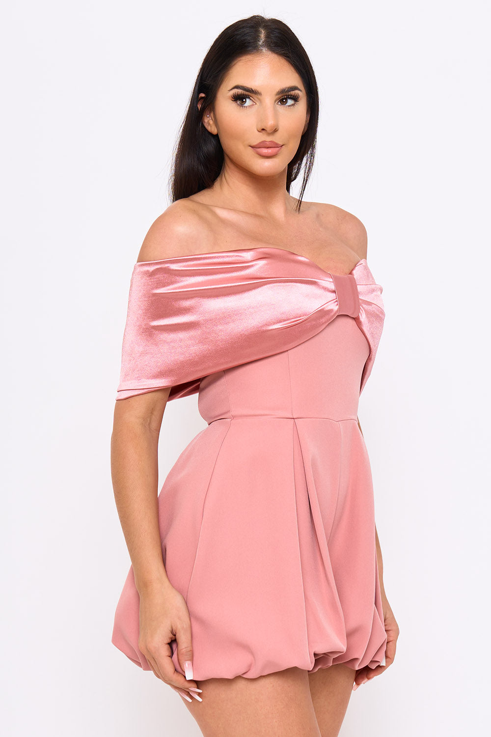Symphony Dress - Satin Large Bow Front Off The Shoulder Romper | Zezebe