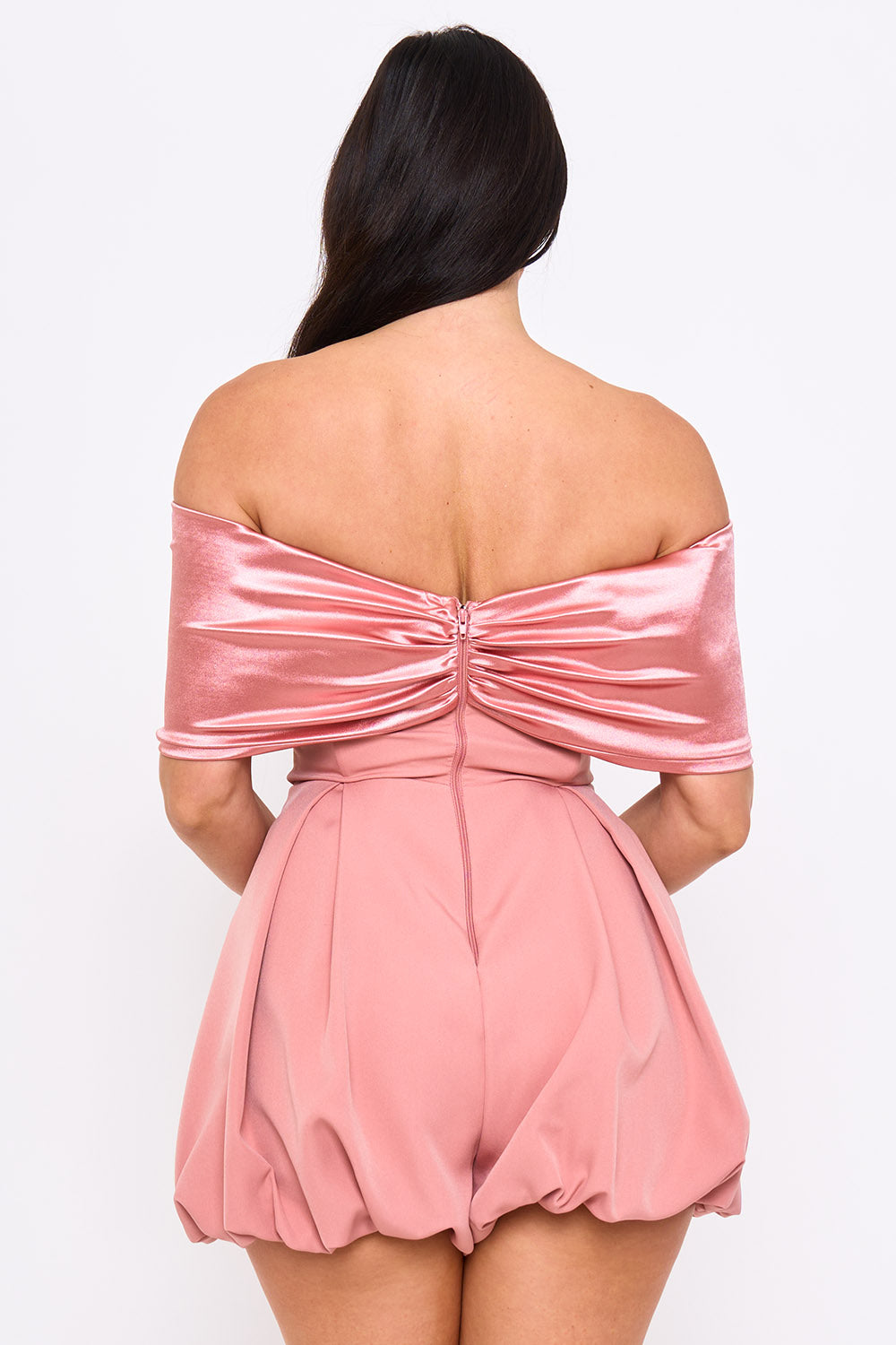 Symphony Dress - Satin Large Bow Front Off The Shoulder Romper | Zezebe