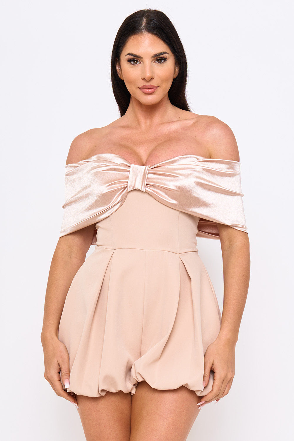 Symphony Dress - Satin Large Bow Front Off The Shoulder Romper | Zezebe