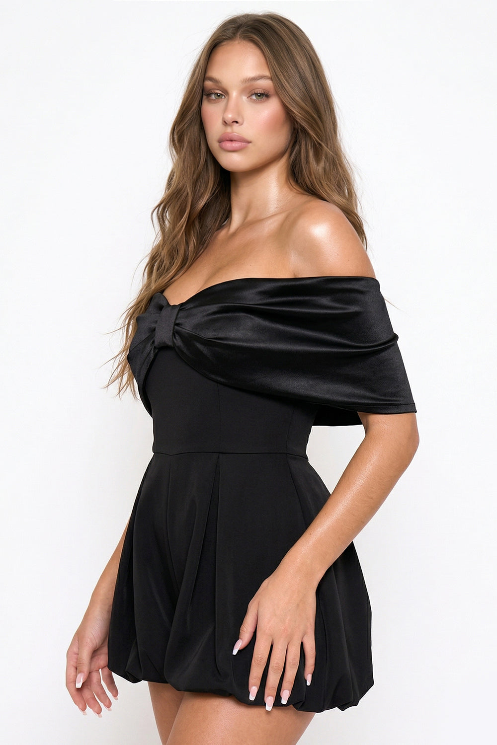 Satin Large Bow Front Off The Shoulder Romper