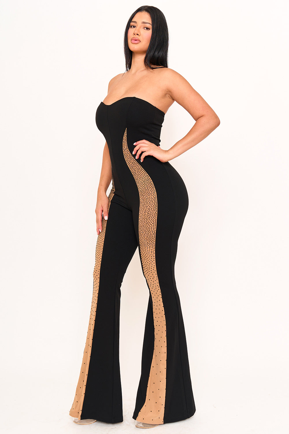 Symphony Jumpsuit - Gradation Rhinestone On Mesh Paneled Jumpsuit | Zezebe