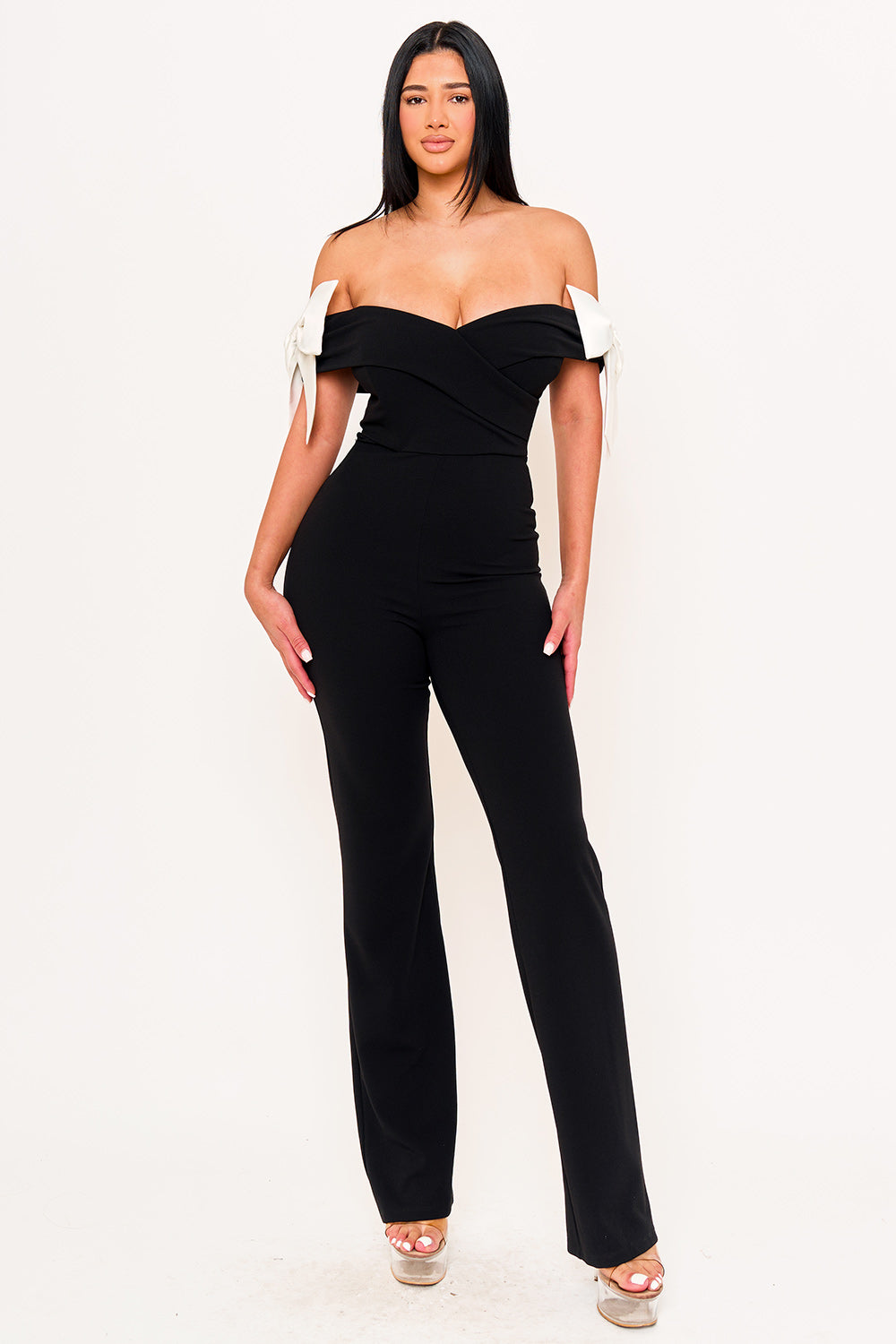 Symphony Jumpsuits- Fabric Contrast Off The Shoulder Jumpsuit | Zezebe