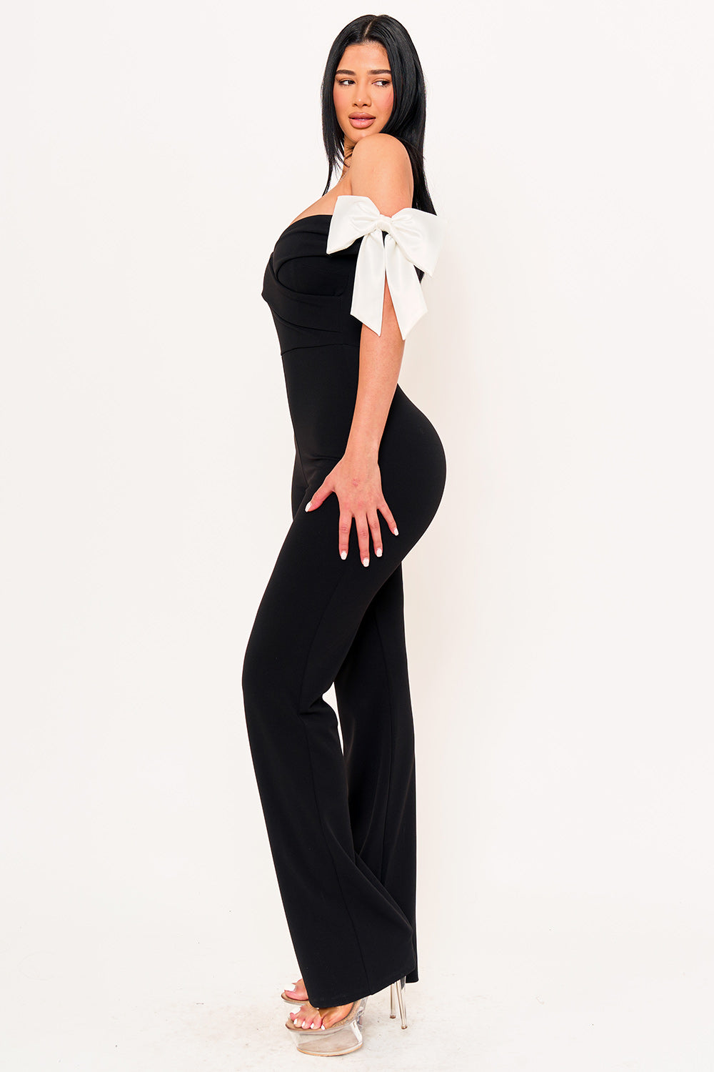 Symphony Jumpsuits- Fabric Contrast Off The Shoulder Jumpsuit | Zezebe