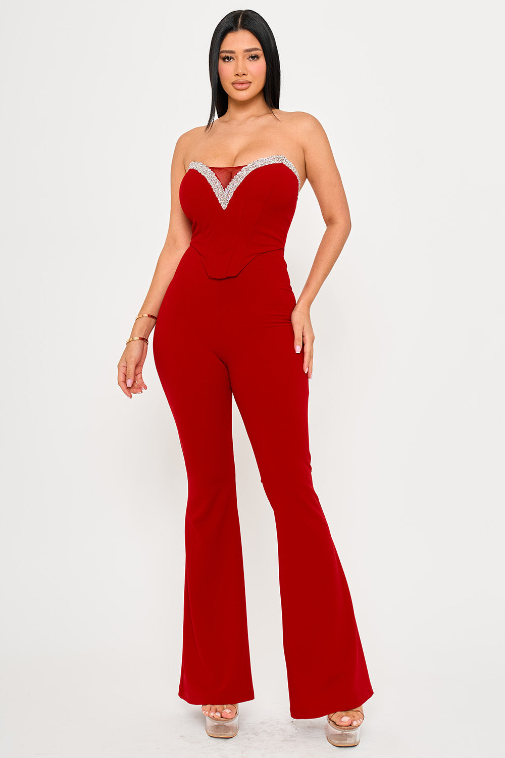 Symphony Jumpsuits- Rhinestone Tape Trim Around Bust Jumpsuit | Zezebe