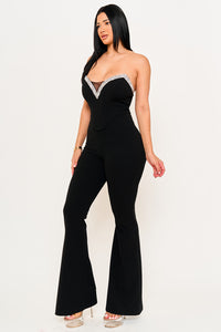 Symphony Jumpsuits- Rhinestone Tape Trim Around Bust Jumpsuit | Zezebe