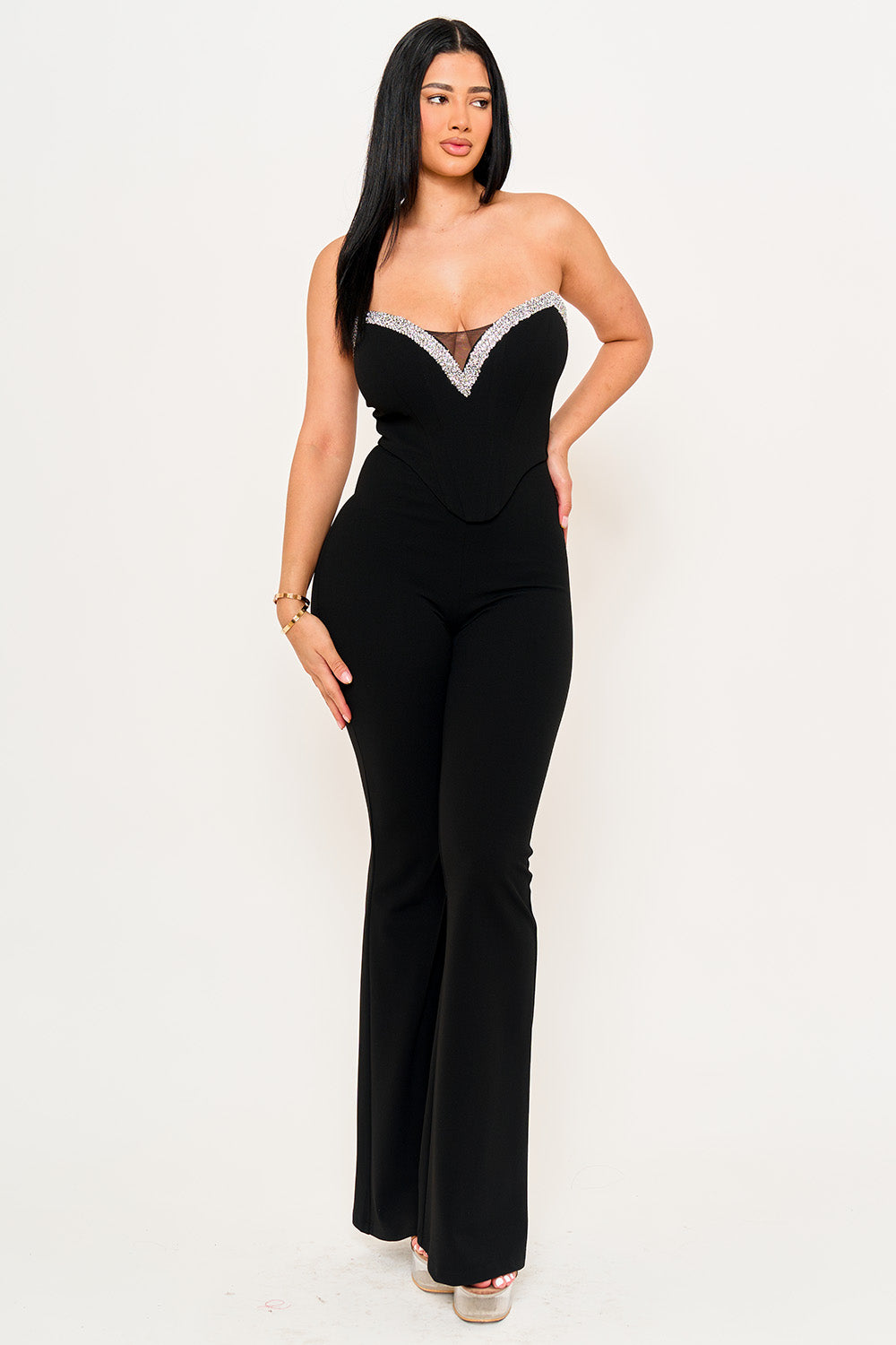 Symphony Jumpsuits- Rhinestone Tape Trim Around Bust Jumpsuit | Zezebe