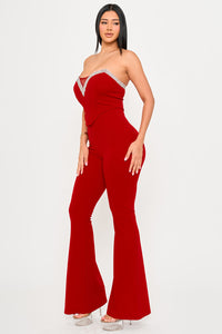 Symphony Jumpsuits- Rhinestone Tape Trim Around Bust Jumpsuit | Zezebe
