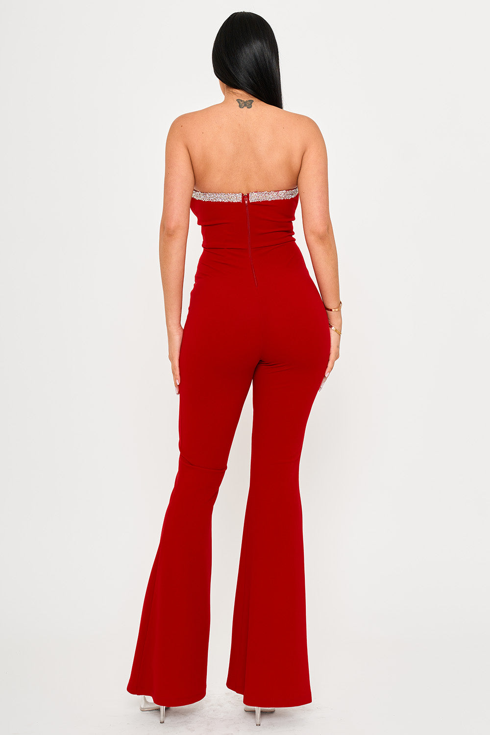 Symphony Jumpsuits- Rhinestone Tape Trim Around Bust Jumpsuit | Zezebe