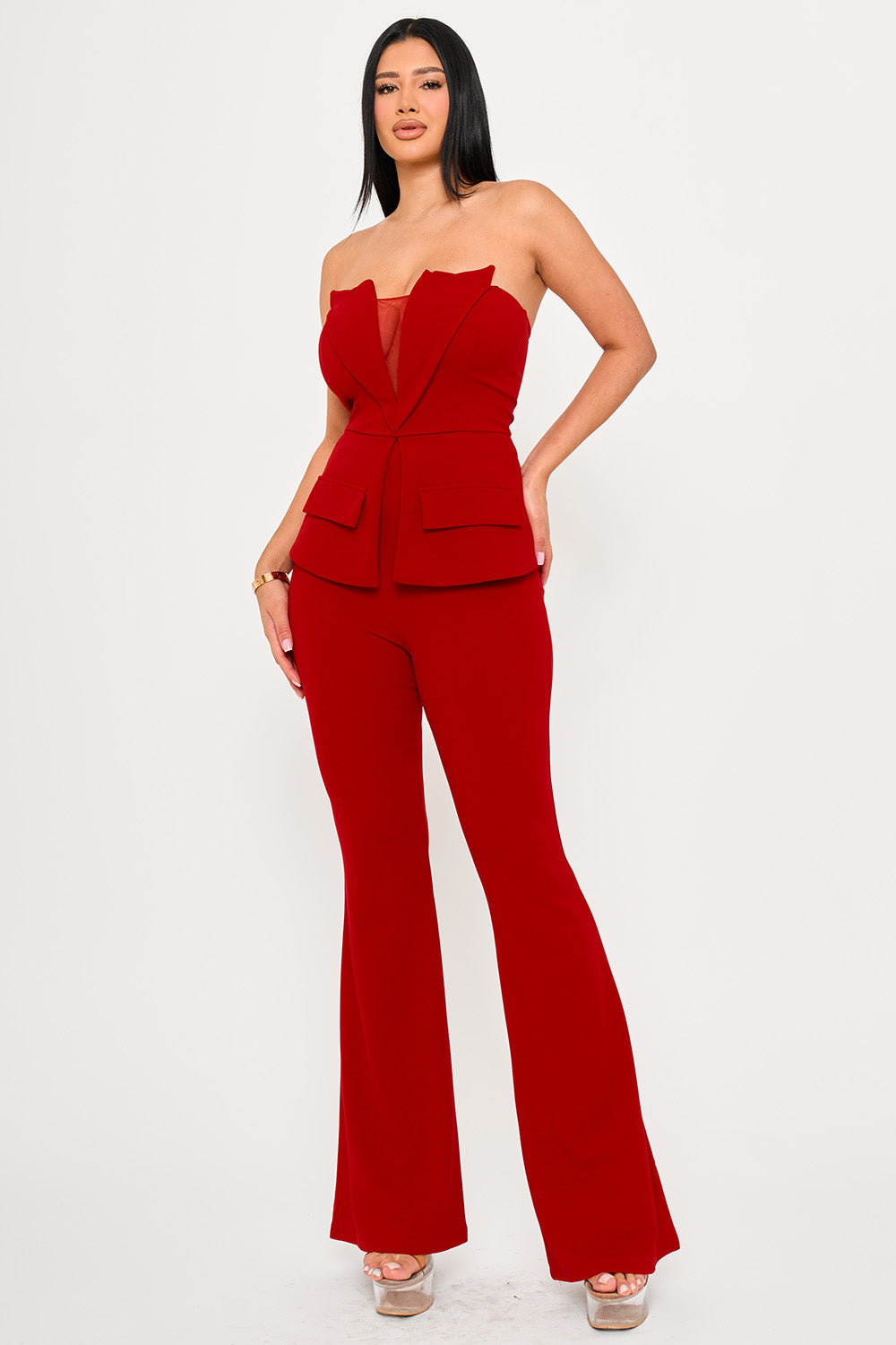 Symphony Jumpsuits- Tube Top With Collar Detail Peplum Jumpsuit | Zezebe