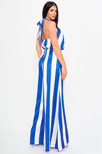 Symphony Jumpsuits - Stripe On Satin Halter Neck Jumpsuit | Zezebe