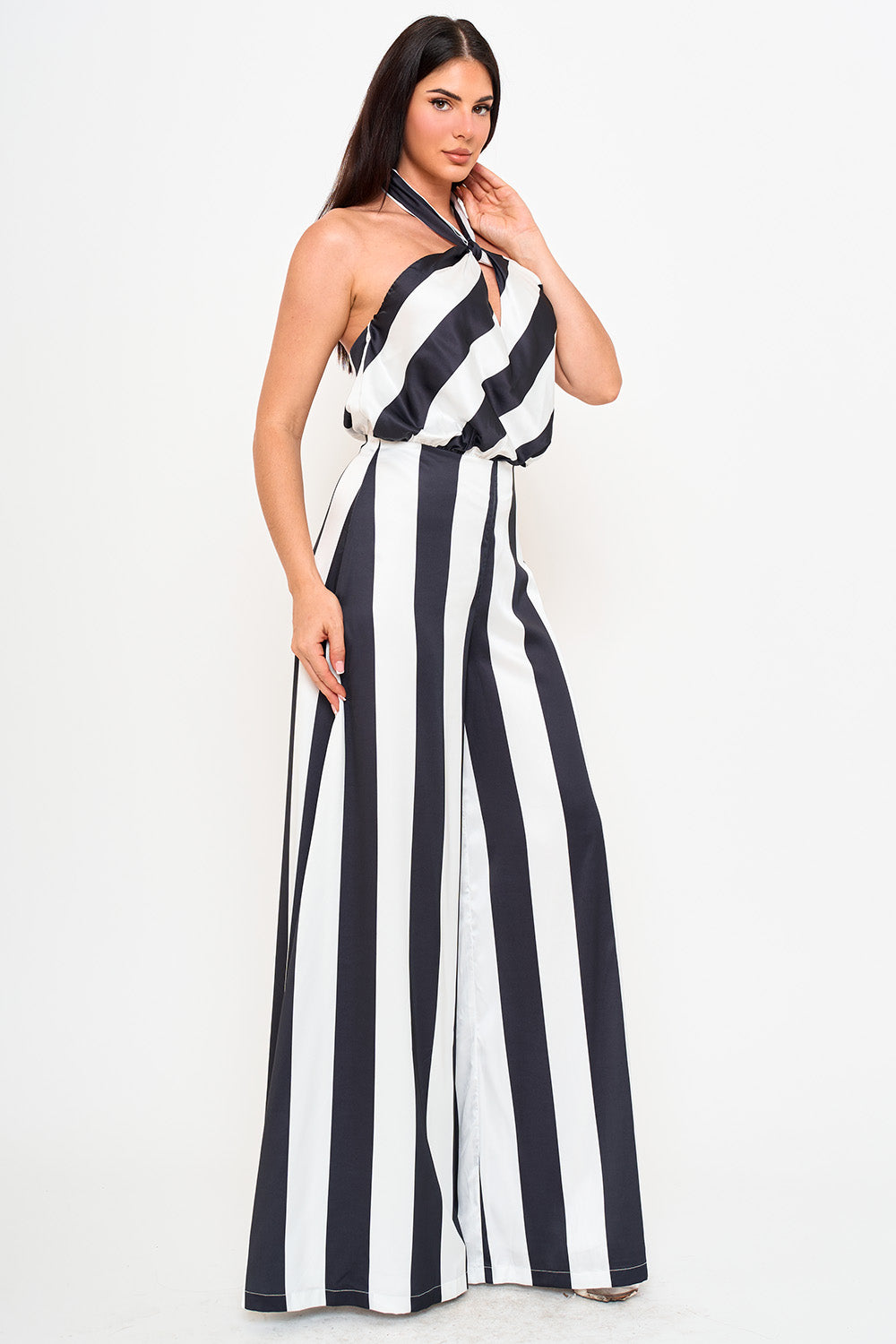 Symphony Jumpsuits - Stripe On Satin Halter Neck Jumpsuit | Zezebe