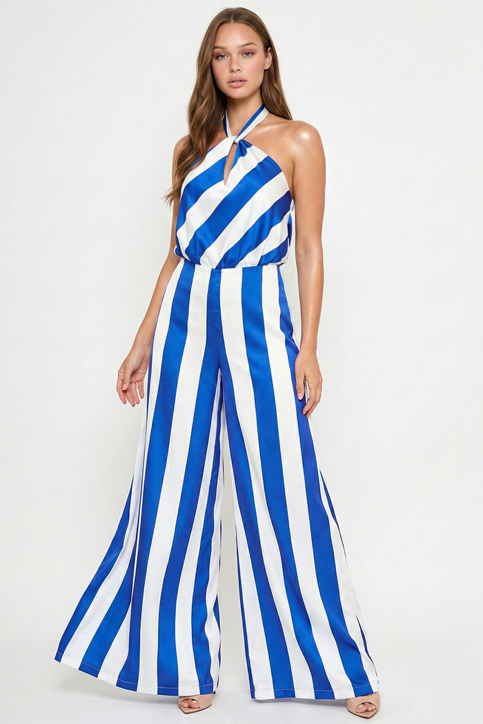 Stripe On Satin Halter Neck Jumpsuit