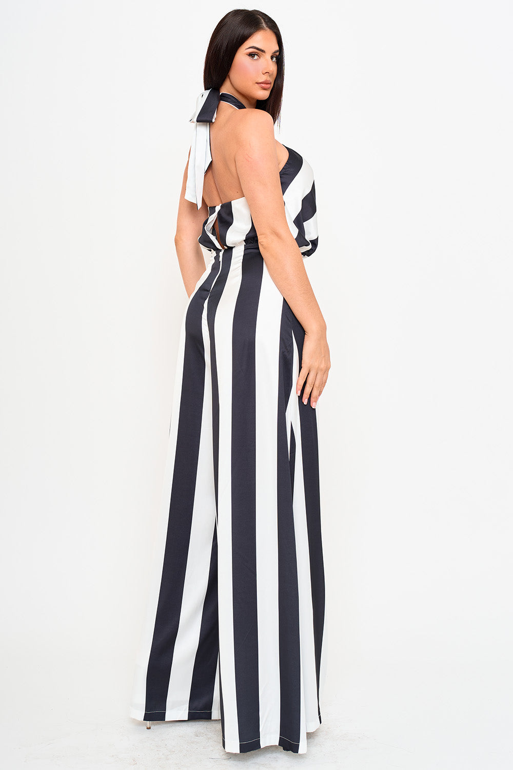 Symphony Jumpsuits - Stripe On Satin Halter Neck Jumpsuit | Zezebe