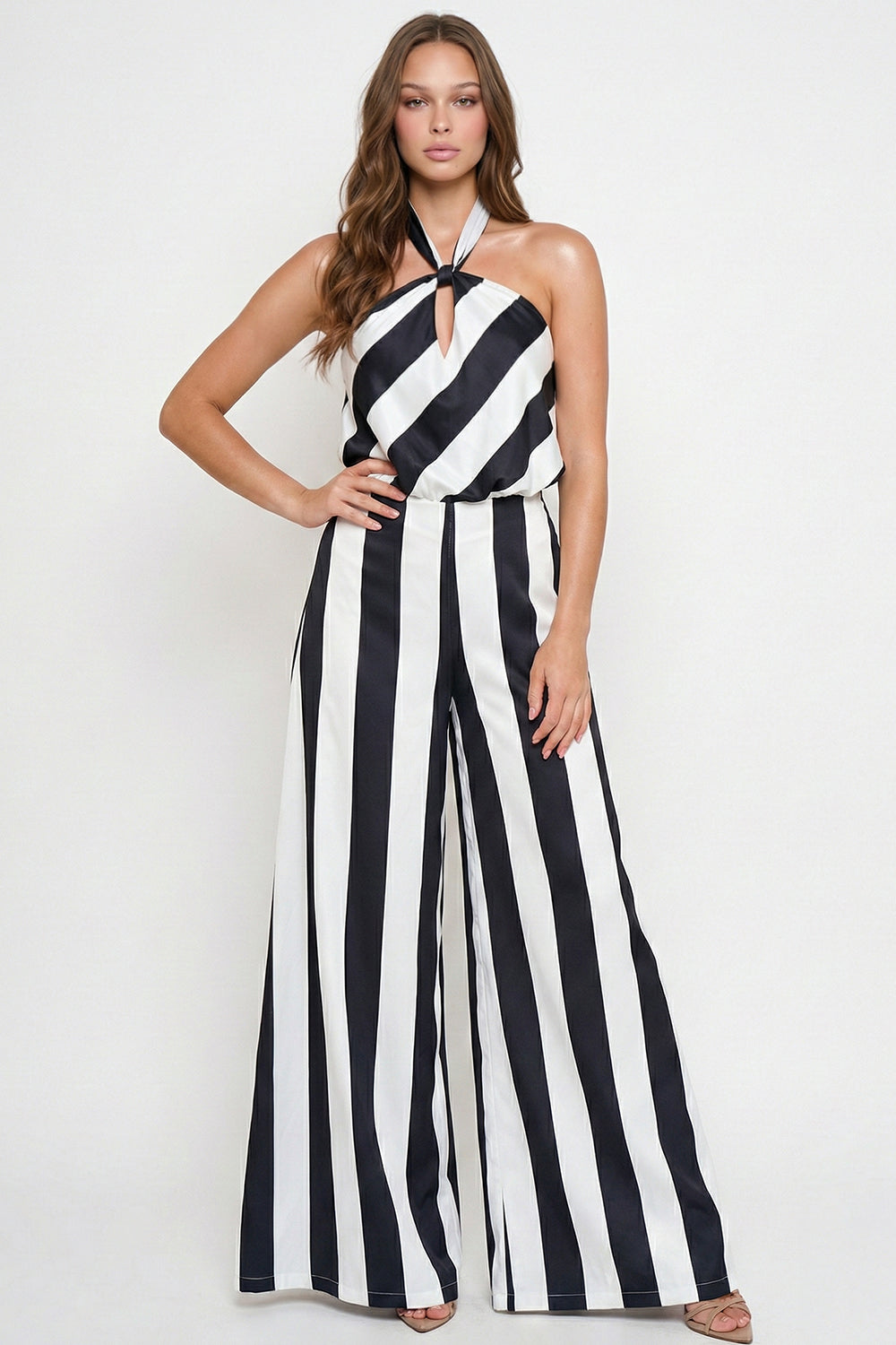 Stripe On Satin Halter Neck Jumpsuit