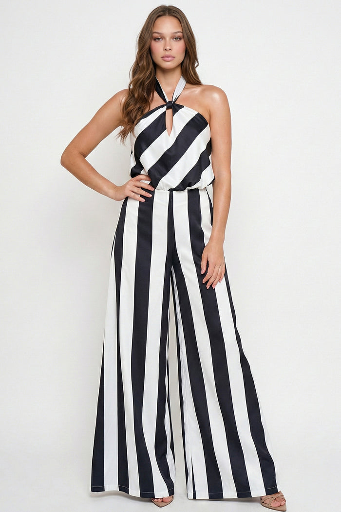 Stripe On Satin Halter Neck Jumpsuit