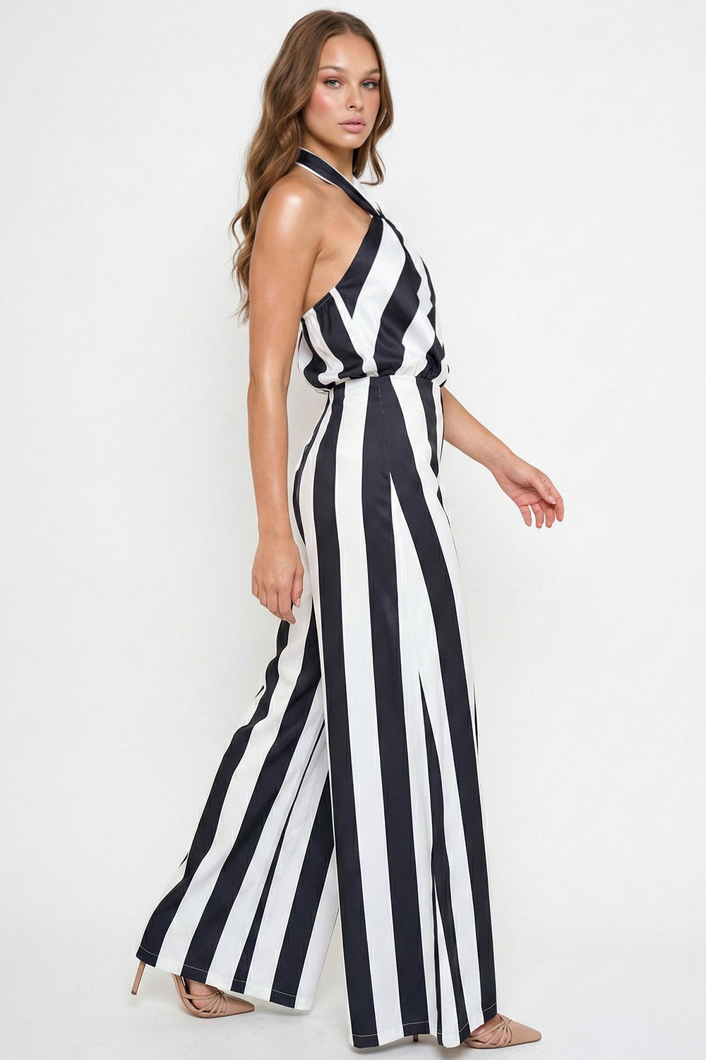 Stripe On Satin Halter Neck Jumpsuit