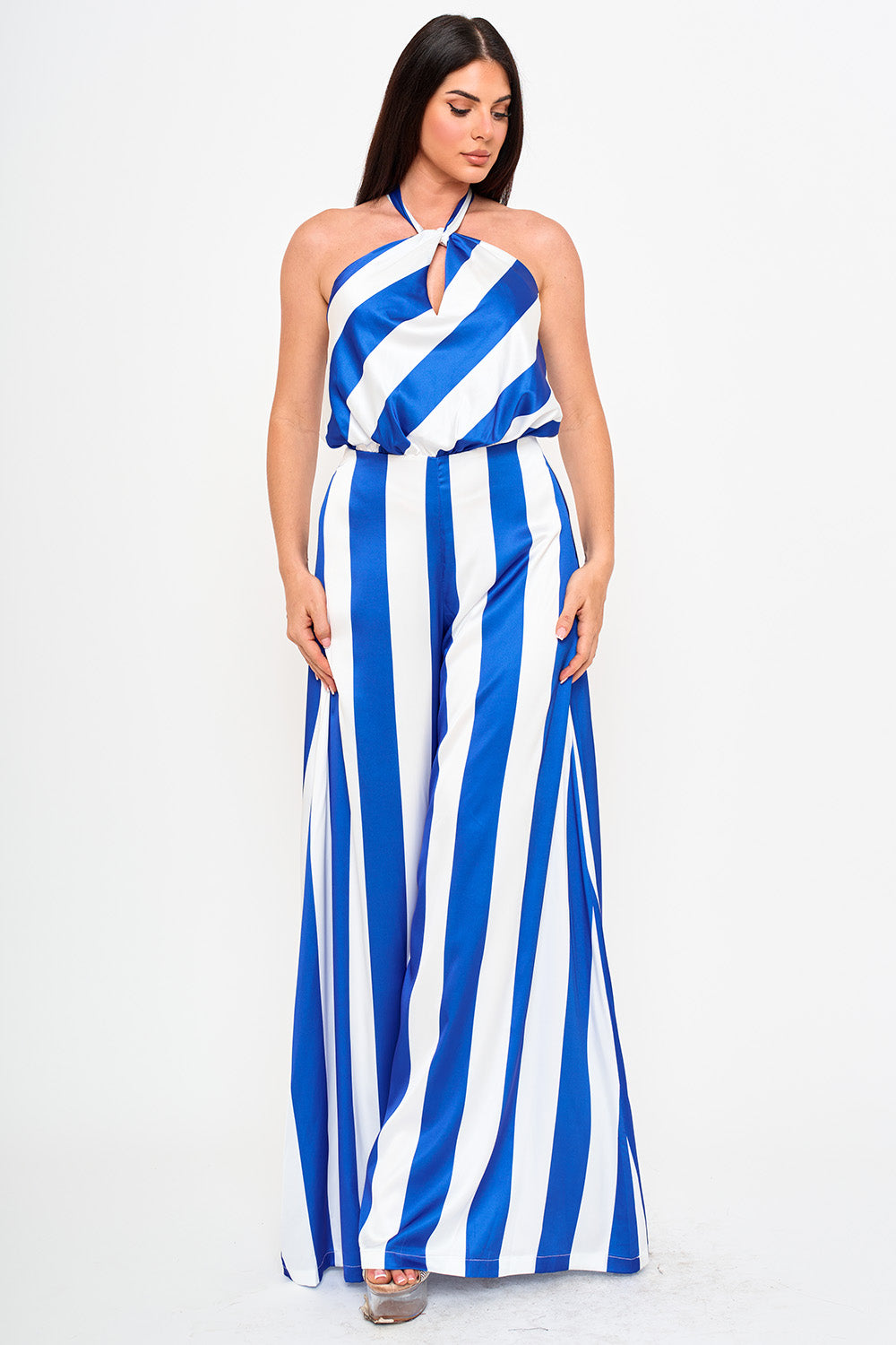 Symphony Jumpsuits - Stripe On Satin Halter Neck Jumpsuit | Zezebe
