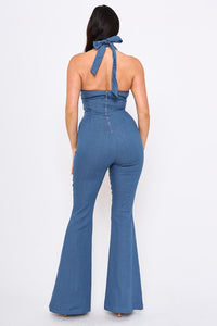 Plunging V-Neck Halter Top Denim Jumpsuit