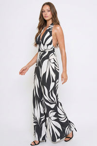 Symphony Dress - Tropical Leaf Print On Linen Jumpsuit | Zezebe