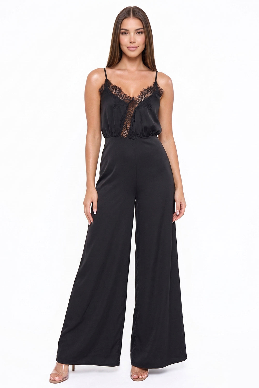 Lace Trim On Satin Camisole Jumpsuit