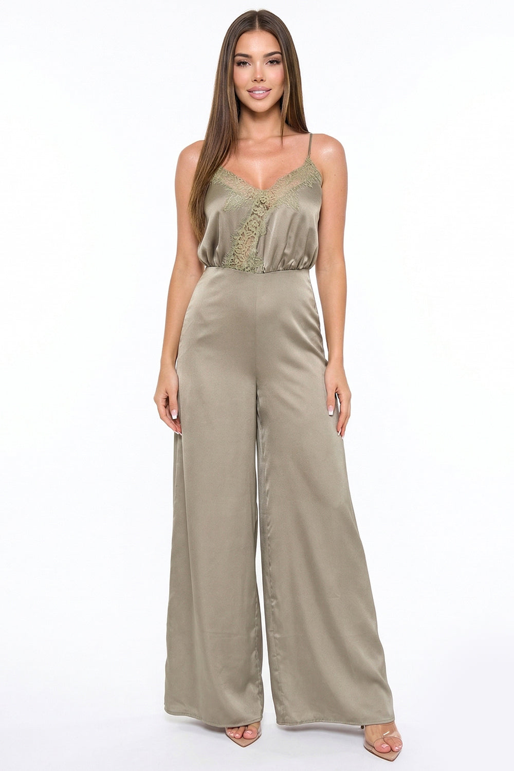 Lace Trim On Satin Camisole Jumpsuit