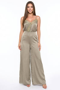 Lace Trim On Satin Camisole Jumpsuit