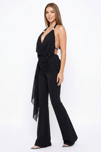 Self-Tie Back Neck Halter Top Jumpsuit