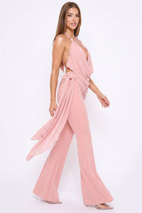 Self-Tie Back Neck Halter Top Jumpsuit