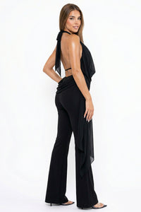 Self-Tie Back Neck Halter Top Jumpsuit