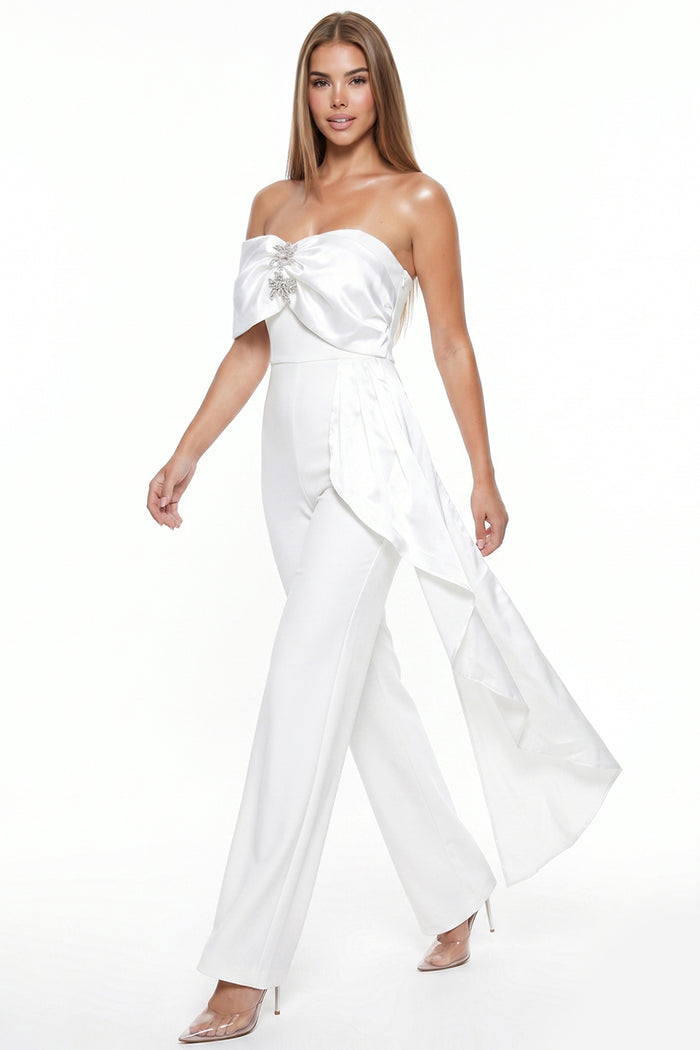 One Shoulder Drape Rhinestone Embellished Jumpsuit