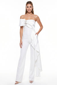 One Shoulder Drape Rhinestone Embellished Jumpsuit