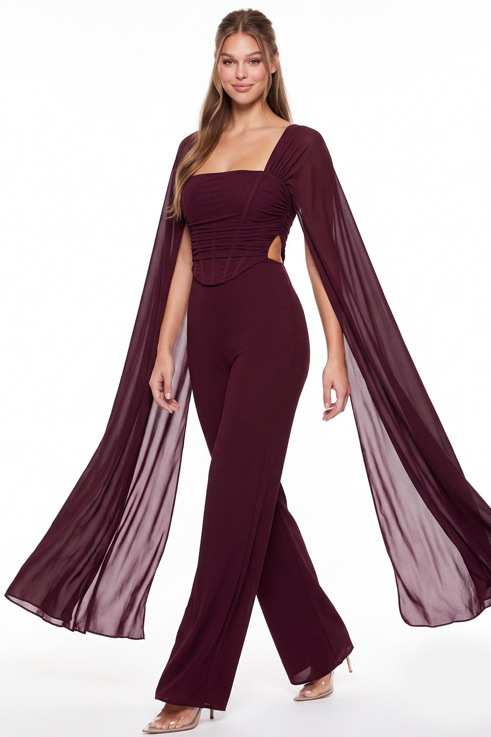 Mesh Cape Sleeve Corset Jumpsuit