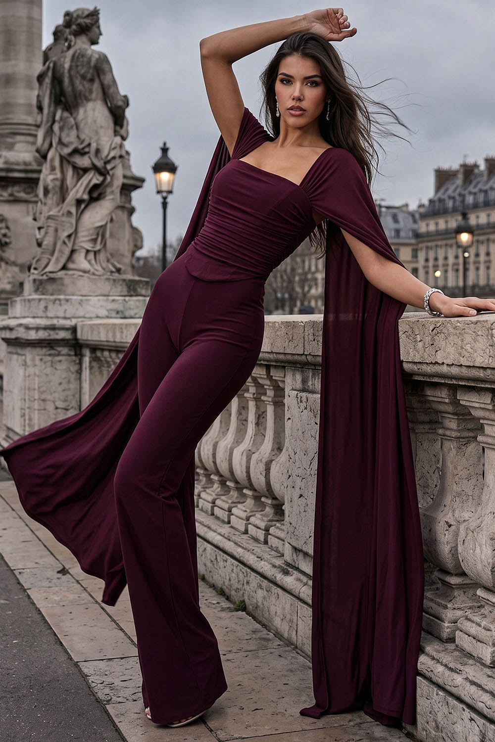 Mesh Cape Sleeve Corset Jumpsuit