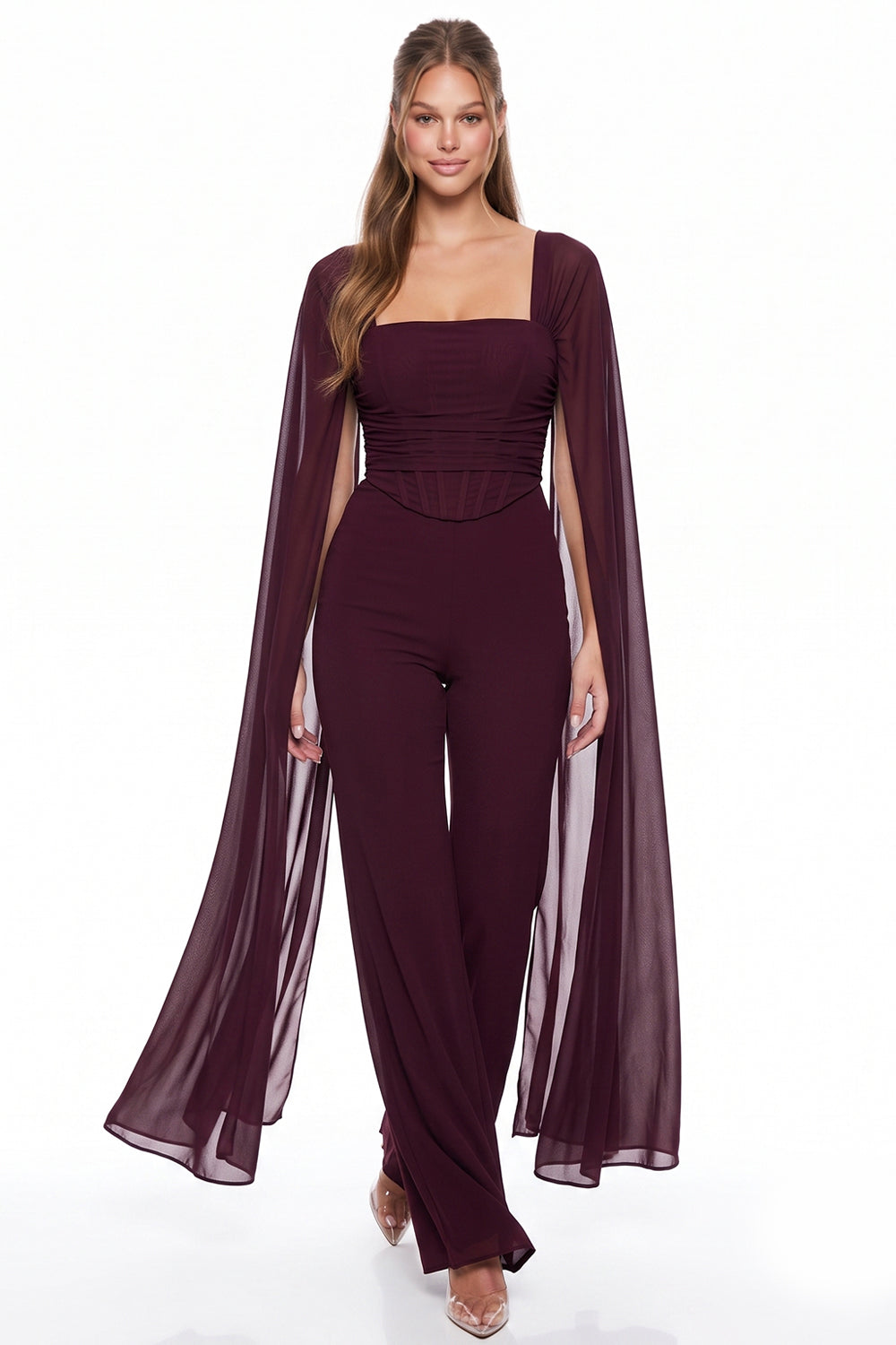 Mesh Cape Sleeve Corset Jumpsuit