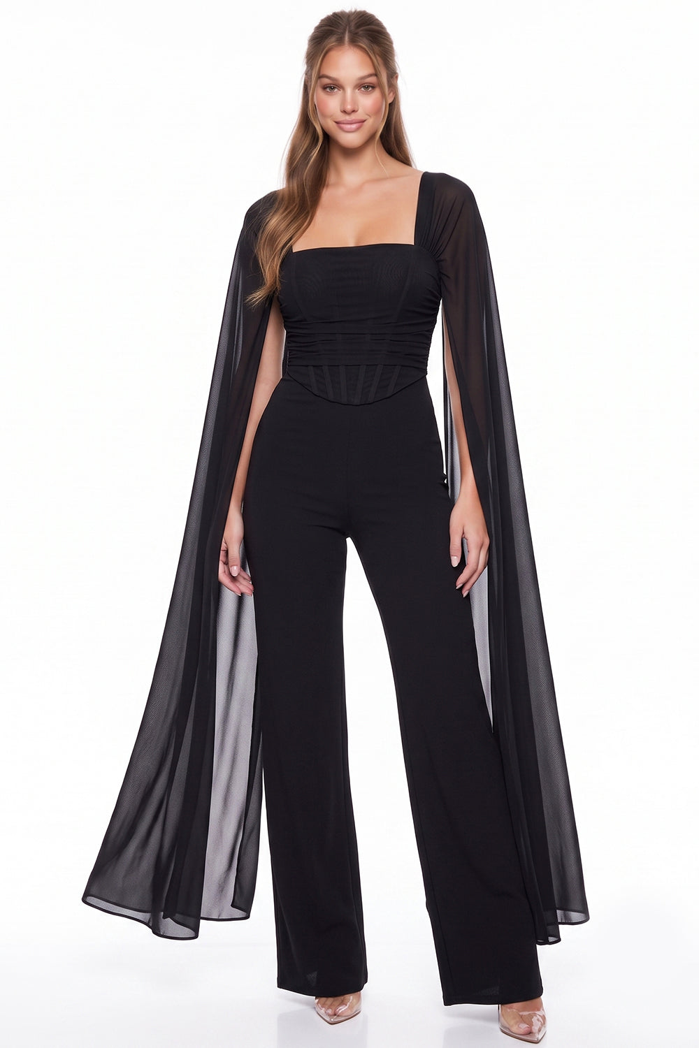 Mesh Cape Sleeve Corset Jumpsuit
