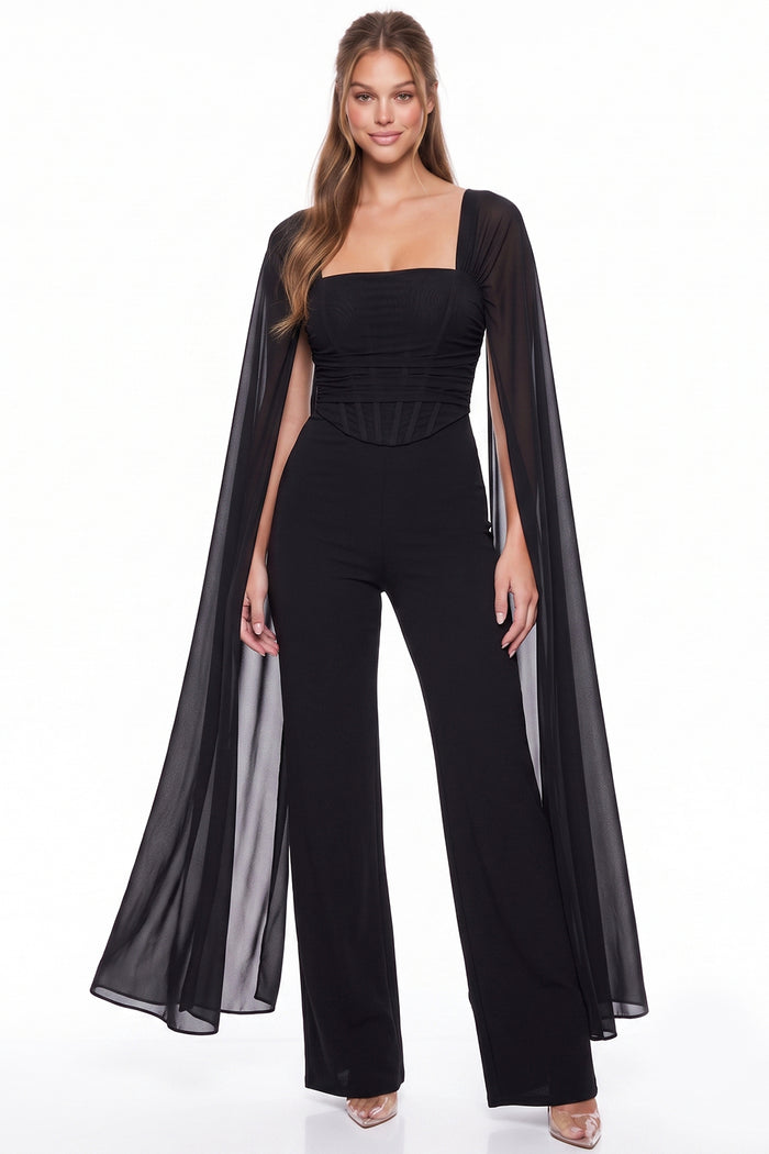 Mesh Cape Sleeve Corset Jumpsuit