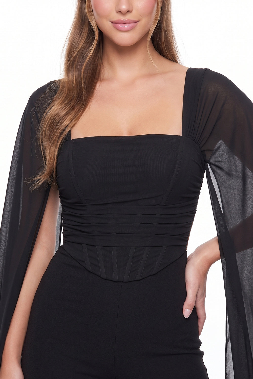 Mesh Cape Sleeve Corset Jumpsuit
