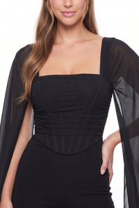 Mesh Cape Sleeve Corset Jumpsuit
