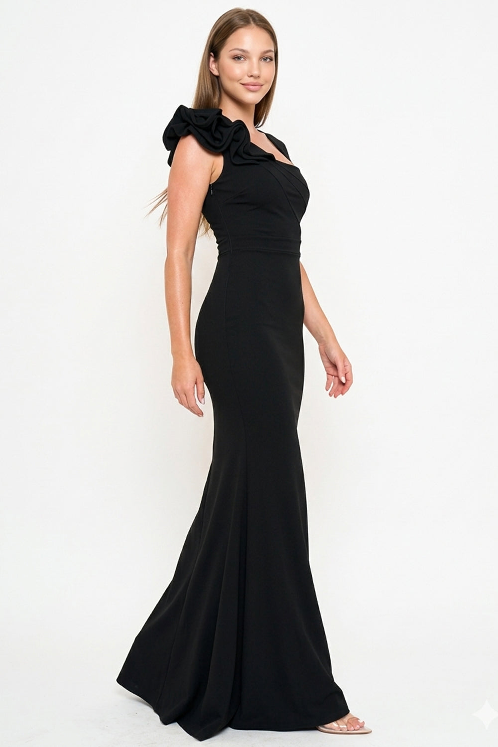 Layered Ruffle On One Shoulder Maxi Dress