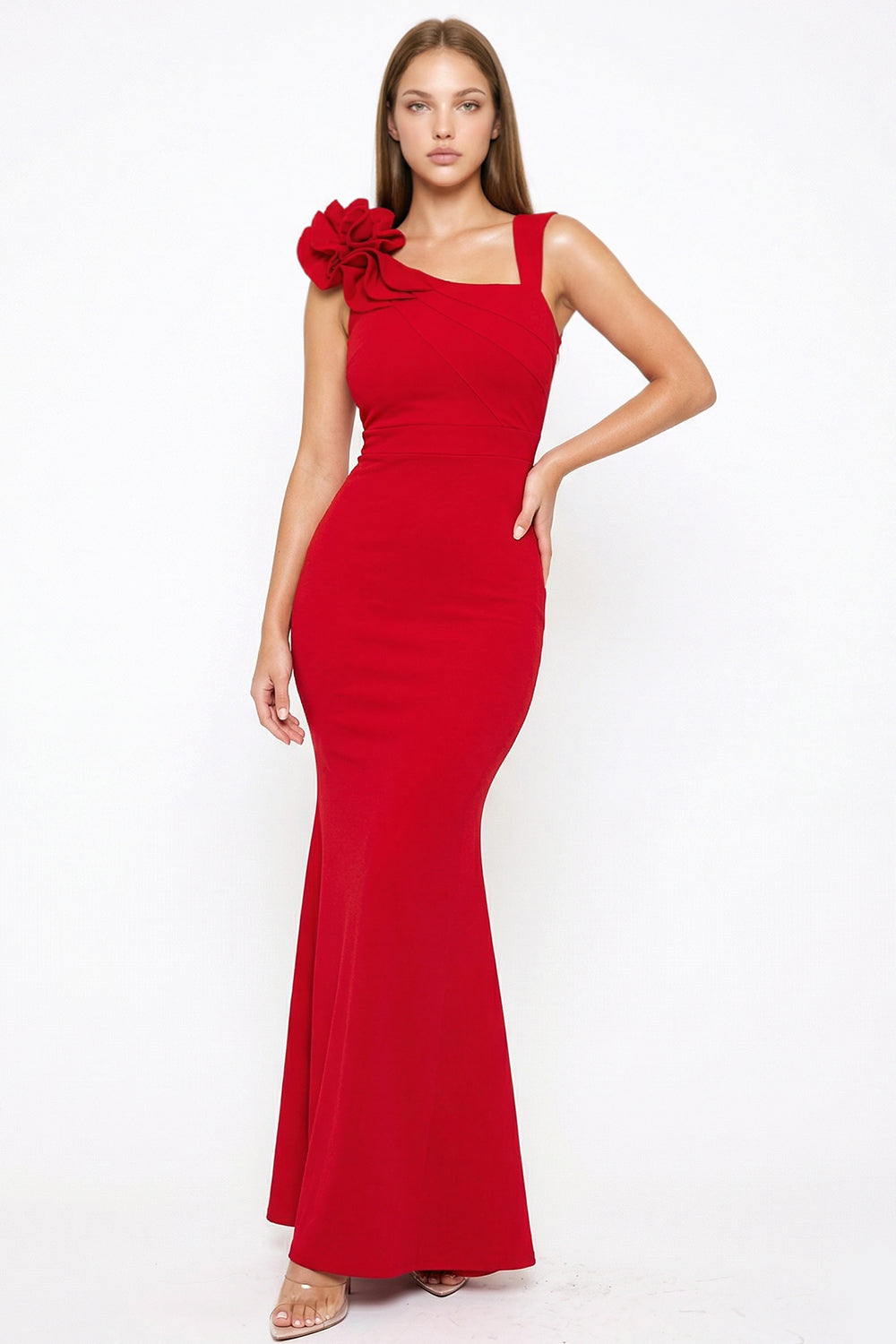 Layered Ruffle On One Shoulder Maxi Dress