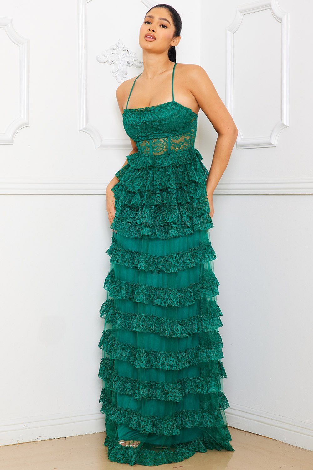 Symphony Dress - Ruffle Layer Lace Maxi Dress | Zezebe GREEN / M Symphony Dress - Ruffle Layer Lace Maxi Dress | Zezebe GREEN / M
