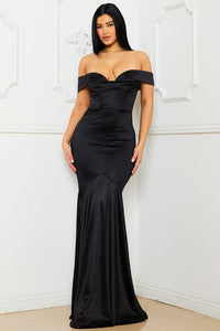Satin Off The Shoulder Mermaid Maxi Dress