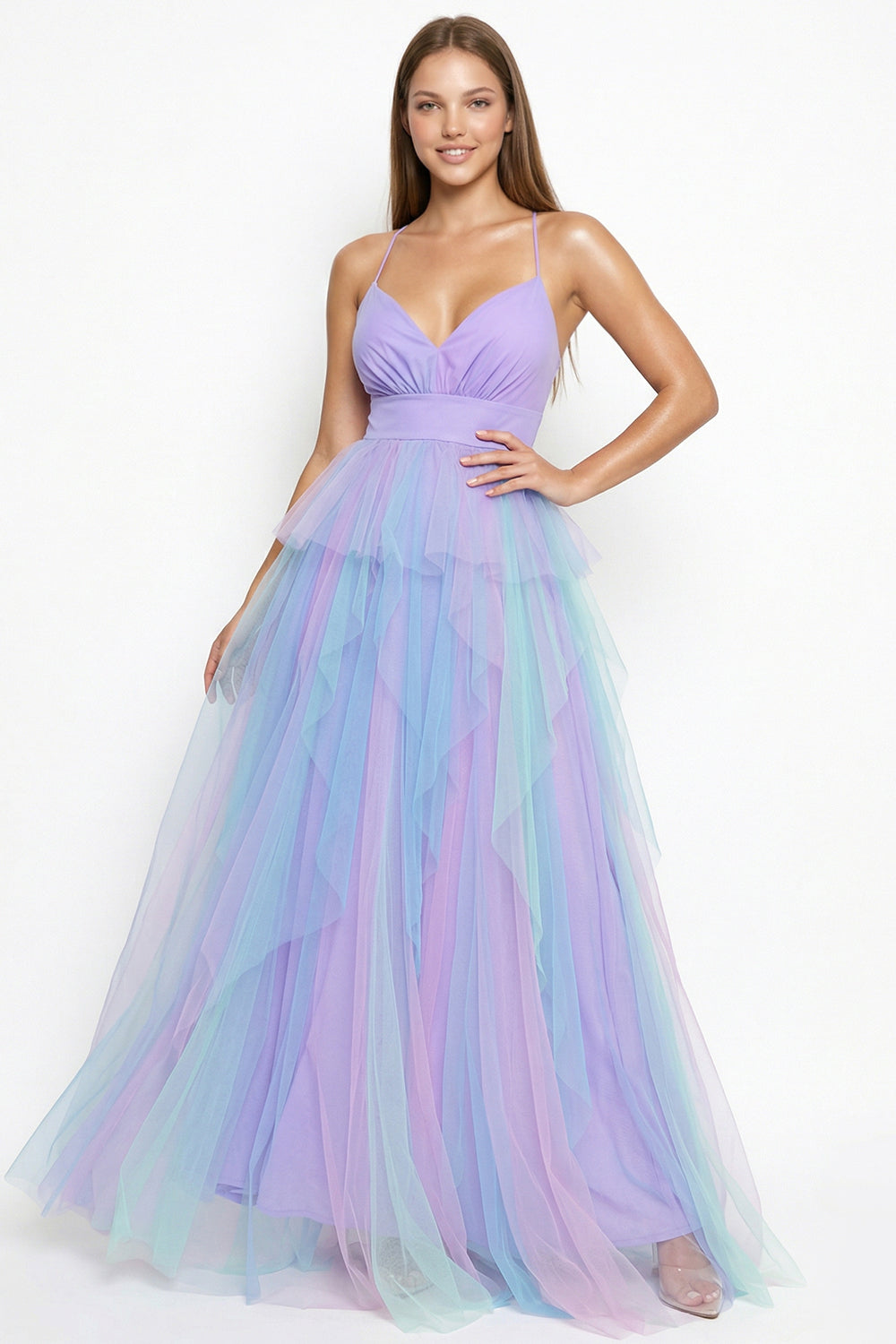 Two Tone Mesh Ruffle Maxi Dress