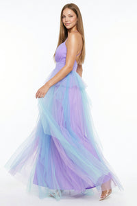 Two Tone Mesh Ruffle Maxi Dress