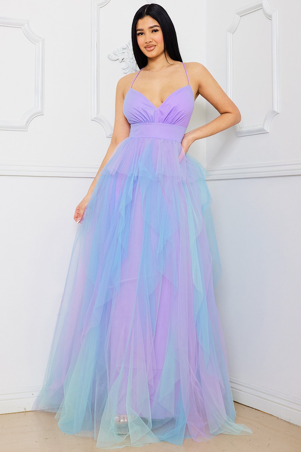 Symphony Dress - Two Tone Mesh Ruffle Maxi Dress | Zezebe