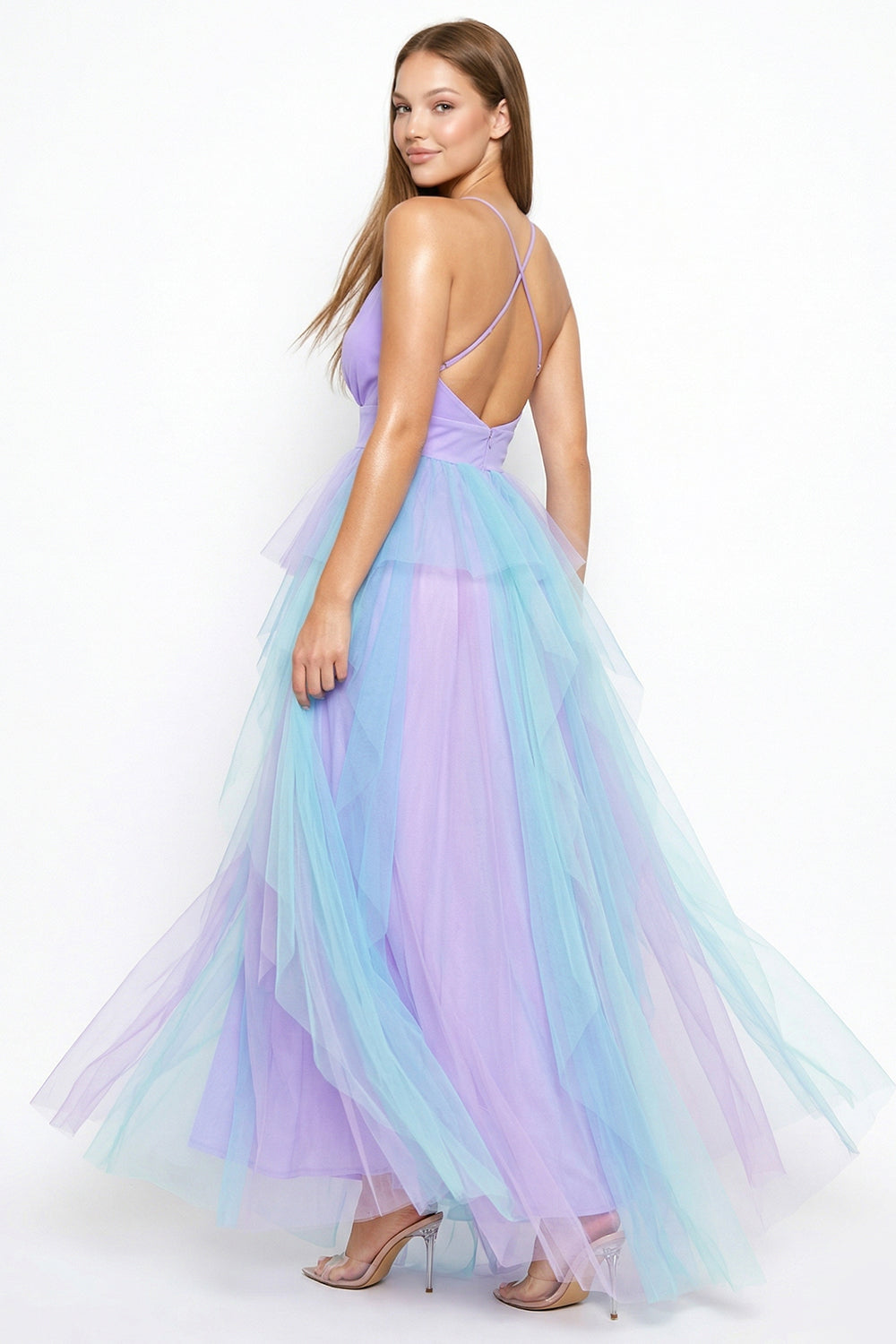 Two Tone Mesh Ruffle Maxi Dress