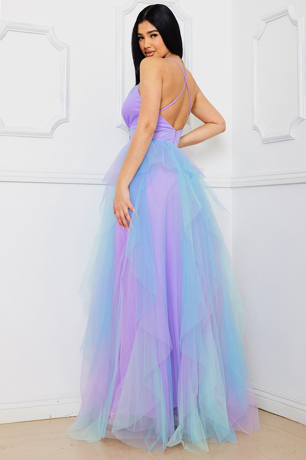 Symphony Dress - Two Tone Mesh Ruffle Maxi Dress | Zezebe