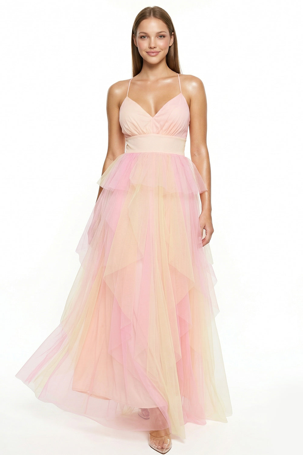 Two Tone Mesh Ruffle Maxi Dress
