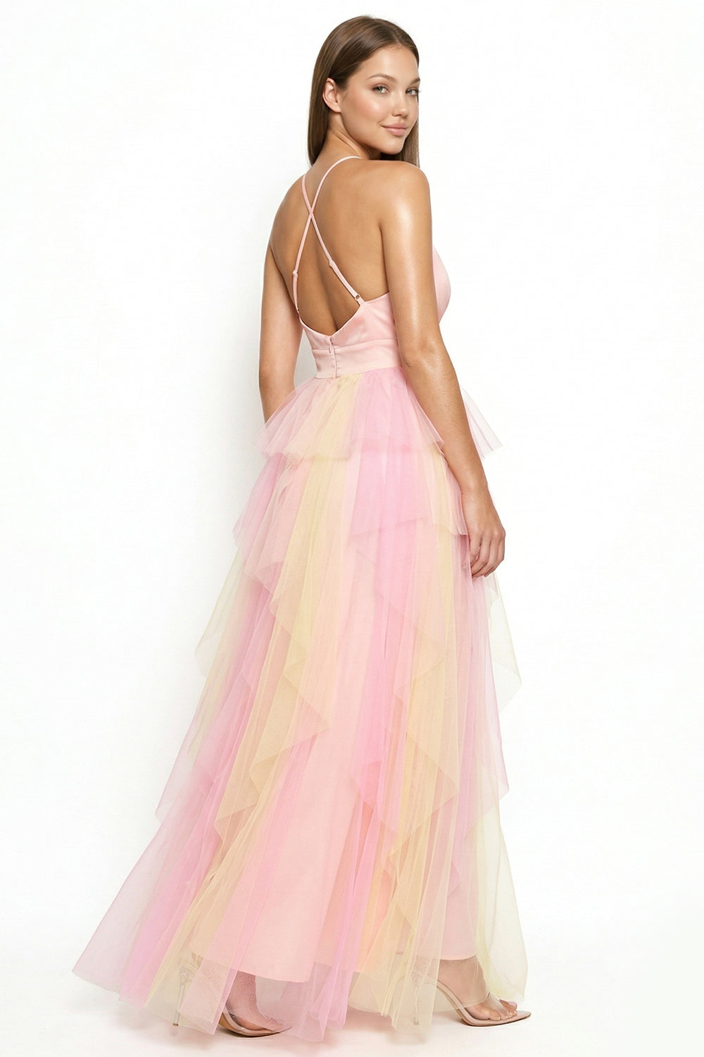 Two Tone Mesh Ruffle Maxi Dress